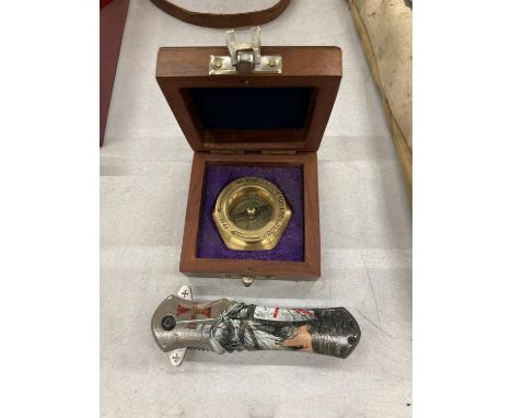 A HENRY HUGHES BRASS COMPASS AND A ENGLISH CRUSADER LOCKING KNIFE 