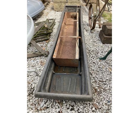 A METAL WALL MOUNTED TROUGH AND TWO PLASTIC TROUGHS 