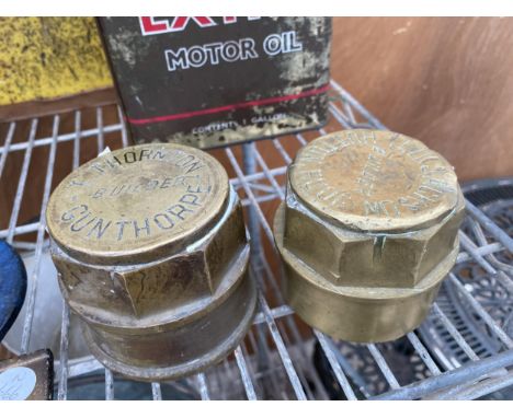 TWO VINTAGE BRASS HUB CAPS, ONE MARKED 'T.THORNTON' AND THE OTHER MARKED ' J.D.JACKSON' 