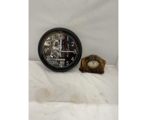 A TORTOISESHELL STYLE VINTAGE MANTLE CLOCK AND A 'BET LYNCH' WALL CLOCK 