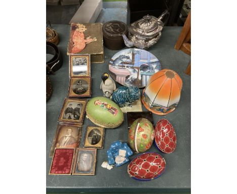 SIX ANTIQUE PHOTOGRAPHS IN MOUNTS, DECORATIVE EGGS, VINTAGE LAMP SHADE, STAINLESS STEEL TEAPOT, ETC 