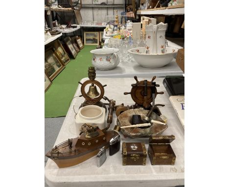 A QUANTITY OF ITEMS TO INCLUDE VINTAGE LIGHTERS, A SHIPS WHEEL PIPE RACK, WITH PIPES, SHIPS WHEEL TABLE LAMP, ONYX ASHTRAY, E