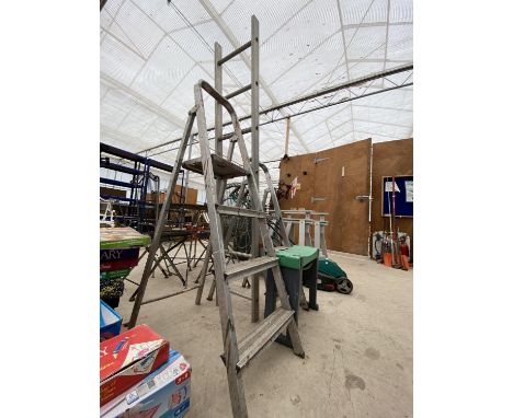 A THREE RUNG ALUMINIUM STEP LADDER, A TWO RUNG ALUMINIUM STEP LADDER A SEVEN RUNG LADDER AND A A GARDEN KNEELER 