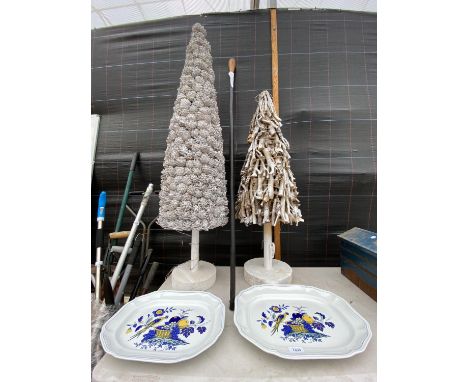 TWO SPODE CERAMIC MEAT PLATES, TWO ARTIFICIAL TREES AND A WOODEN WALKING STICK 