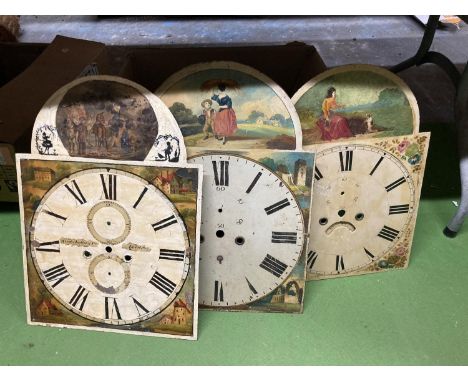 THREE VINTAGE GRANDFATHER CLOCK FACES WITH PAINTED SCENES 