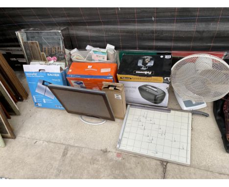 VARIOUS ITEMS TO INCLUDE A MIRRORED BATHROOM CABINET, SHREDDER, GUILLOTINE, BOXED BATHROOM SCALES, FAN ETC 