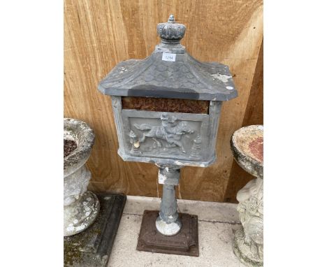 A VINTAGE CAST ALLOY POST BOX WITH CAST IRON BASE (H:114CM) 