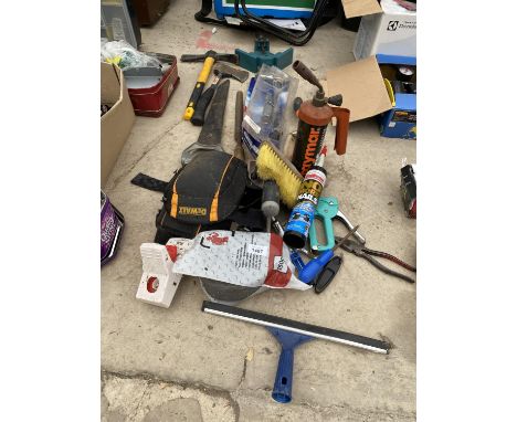 AN ASSORTMENT OF TOOLS TO INCLUDE AN AXE, PLIERS AND FILES ETC 