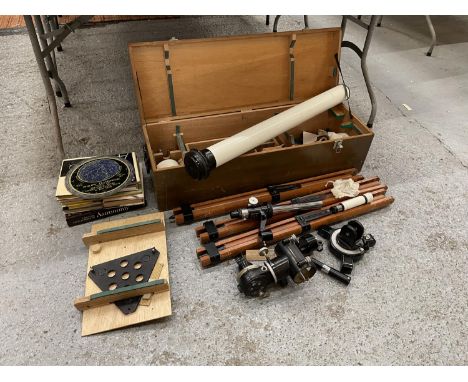 A PERFEX 3 INCH BOXED REFRACTING TELESCOPE AND STAND WITH NUMEROUS LENSES AND A SIGHTING TELESCOPE, ETC, PLUS A COLLECTION OF