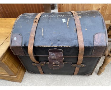 A VICTORIAN COMPRESSED FIBRE AND LEATHER ARCHED TOP TRAVELLING TRUNK BEARING THE NAME ROBERTSON 