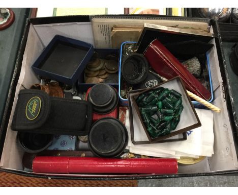 A BOX OF VARIOUS ITEMS TO INCLUDE COSTUME JEWELLERY, COINS, HIP FLASK, PEN KNIFE ETC 