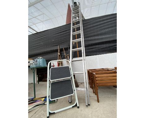 A YOUNGMAN 100 22 RUNG EXTENDABLE LADDER AND A SMALL STEP LADDER 