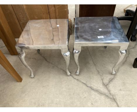 A APIR OF POLISHED CHROME LAMP TABLES ON CABRIOLE LEGS 14" SQUARE 