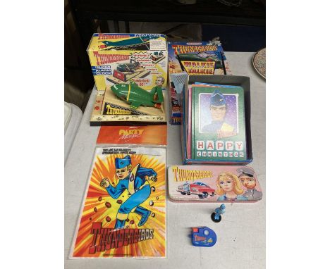 VARIOUS THUNDERBIRD RELATED ITEMS TO INCLUDE A TALKING ALARM CLOCK, A WALKIE TALKIE SET, TIN, CHRISTMAS CARDS ETC 