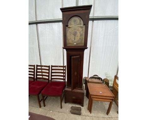 AN 18TH CENTURY MAHOGANY EIGHT-DAY LONGCASE CLOCK WITH BRASS FACE AND INLAID OVALS DEPICTING BIRDS AND FLOWERS, THOMAS LIGHTO