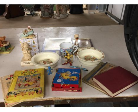 VARIOUS ITEMS TO INCLUDE TWO NODDY CARS, VINTAGE PICTURE CUBES, BUNNYKINS DISH ETC 
