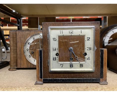 TWO ART DECO STYLE VINTAGE MAHOGANY CASED MANTLE CLOCKS 