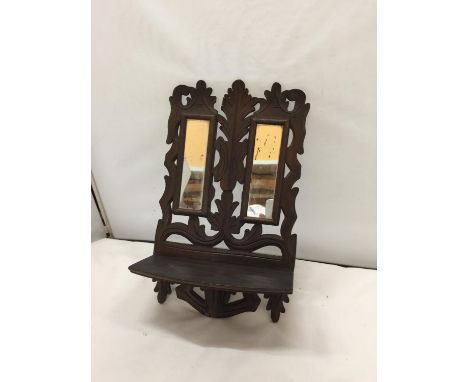 AN ORNATE VICTORIAN SMALL DOUBLE WALL MIRROR WITH SHELF 