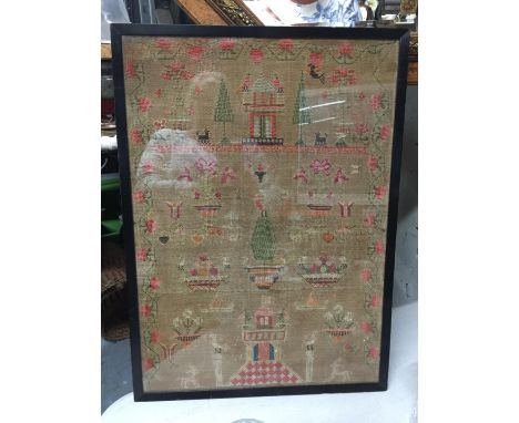 A VINTAGE WOODEN FRAMED SAMPLER 