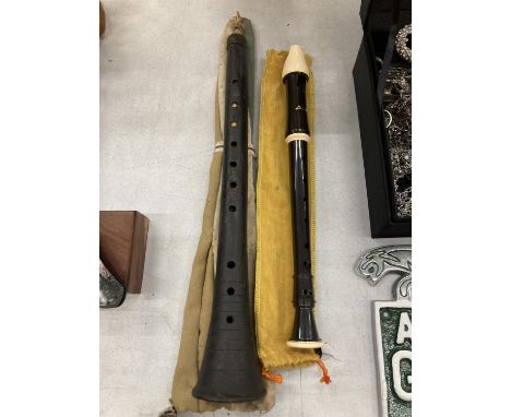 A VINTAGE WOODEN BOMBARD AND A RECORDER 