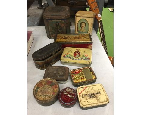A QUANTITY OF VINTAGE TINS TO INCLUDE A CORONATION TEA CADDY, CARR'S BISCUITS, BOOT'S ENEMA SYRINGE TIN, ETC 