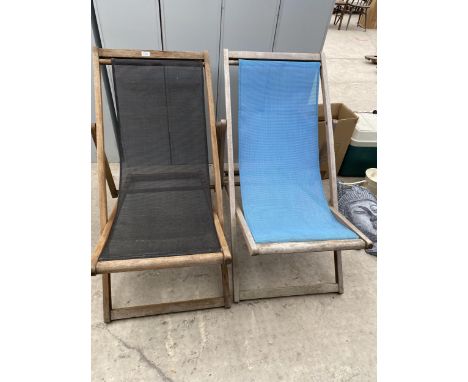 TWO VINTAGE WOODEN FRAMED FOLDING DECK CHAIRS 