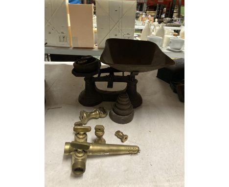 A PAIR OF VINTAGE CAST SCALES WITH WEIGHTS, PLUS A BRASS BEER? TAP 
