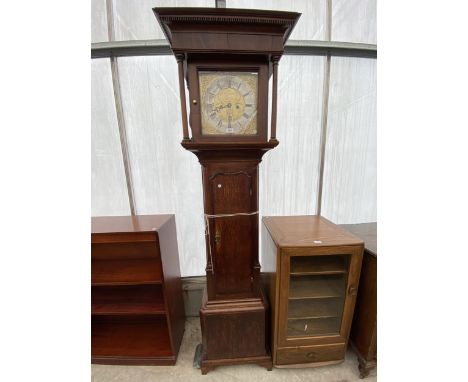 AN 18TH CENTURY OAK AND CROSSBANDED 30 HOUR LONGCASE CLOCK WITH SQUARE BRASS FACE, FISHER, PRESTON 