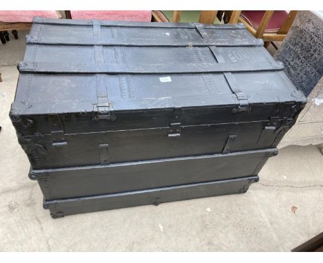 A VICTORIAN TRAVELLING TRUNK WITH METALWARE FITTINGS AND DECORATION, 36X22" 