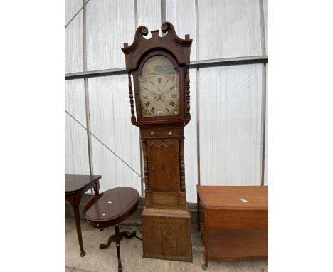 A 19TH CENTURY OAK AND CROSSBANDED EIGHT-DAY LONGCASE CLOCK WITH PAINTED ENAMEL DIAL 