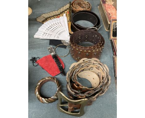 FOUR VINTAGE LEATHER BELTS, A 'FENT' WATCH, FANS, BANGLES, ETC 