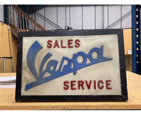 A VESPA SALES AND SERVICE ILLUMINATED LIGHT BOX SIGN 48CM X 32CM X 10CM 