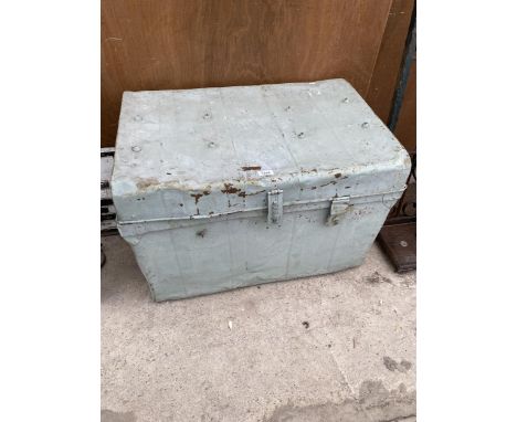 A VINTAGE METAL STORAGE TRUNK 