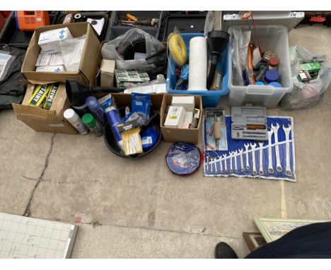 A LARGE QUANTITY OF HARDWARE ITEMS TO INCLUDE FAIRY SOAP, MASKS, NOZZLES, SPANNER SET, NAILS, LIGHT BULBS ETC 