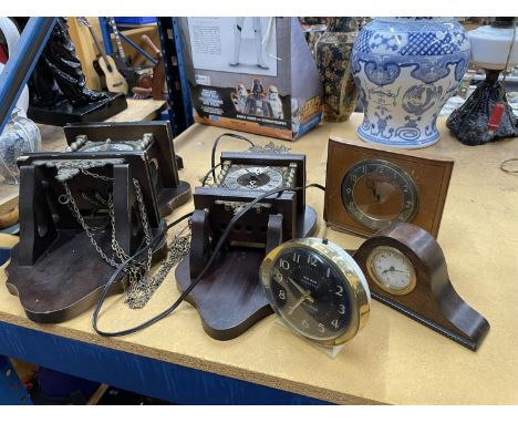 TWO MAHOGANY CASED WALL CLOCKS, A WESTCLOX 'BIG BEN' ALARM CLOCK, A SMITHS VINTAGE ELECTRIC MANTLE CLOCK, ETC 