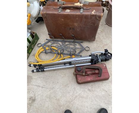 AN ASSORTMENT OF ITEMS TO INCLUDE A G CLAMP, A TRIPOD STAND AND A FUEL CAN ETC 