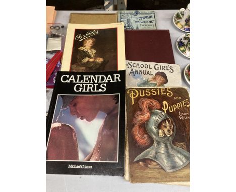 A QUANTITY OF VINTAGE BOOKS TO INCLUDE THE STRAND MAGAZINE, CALENDAR GIRLS, LOUIS WAIN 'PUSSIES AND PUPPIES, THE SCHOOL GIRLS