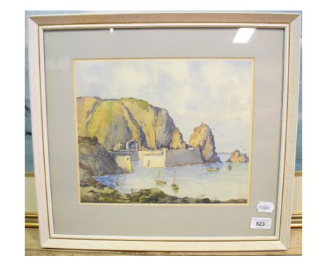 W.J. Pettit, a harbour scene, possibly Channel Islands, watercolour, 25 x 30 cm, its pair and a print (3)

 