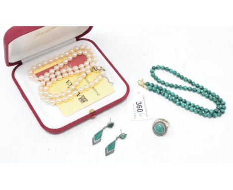 A malachite bead necklace, a pair of silver and malachite earrings, a similar ring and a silver gilt and cultured pearl neckl