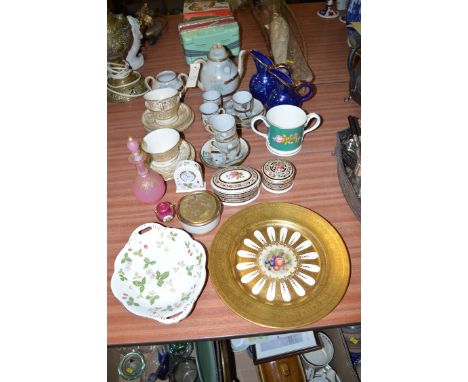 A Japanese coffee set; three Royal Worcester 'Embassy' pattern teacups and saucers; an Aynsley cabinet plate with floral cent