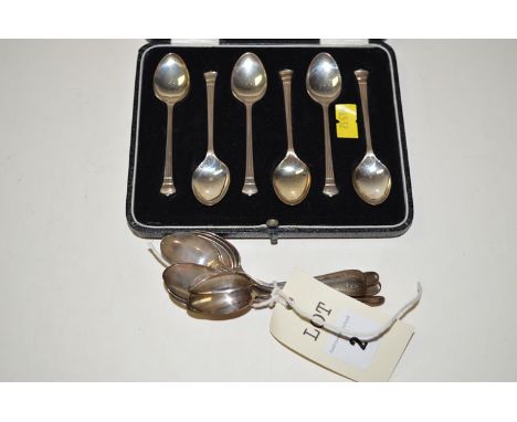 A set of twelve white metal teaspoons, stamped "Birks Sterling"; together with a set of six silver teaspoons in fitted case.