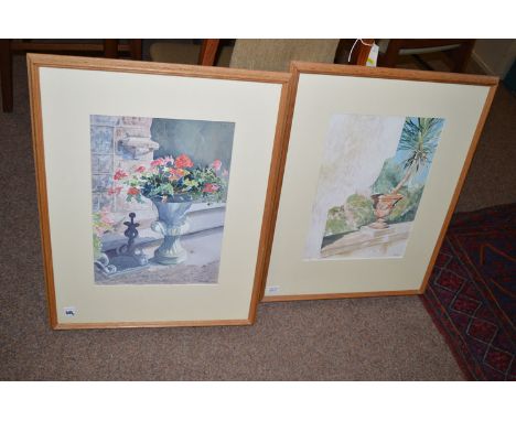 Watercolours - Garden scenes, by K. S. Fowler, signed.  (a pair)