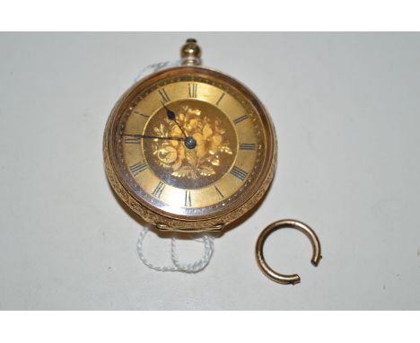 A yellow metal cased fob watch, the gilt rim and dial within a floral decorated case stamped K.18.