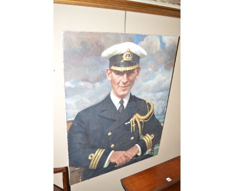 An oil painting - Portrait of a naval commander, by Howard Barron, signed (unframed).