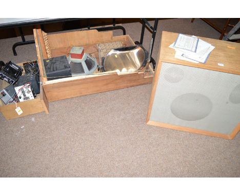 A Heathkit speaker system in a wooden cabinet; another speaker system in a cabinet; and sundries.