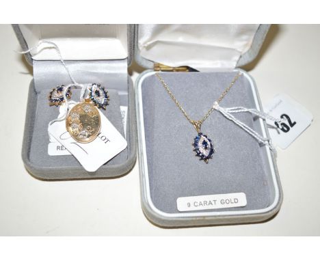 A sapphire set 9ct. yellow gold pendant and earrings; together with a 9ct. white and yellow gold locket.