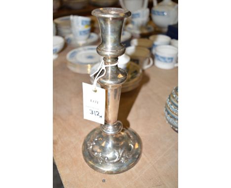 A Britannia metal plated candlestick; and an octagonal glazed candle lamp shade with decorative pierced top.
