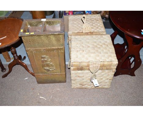 A brass stick stand; and two wicker boxes with lids.