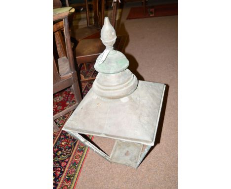 A 19th Century copper street lamp with decorative finial, papered sides (missing glass panels and lamp apparatus).