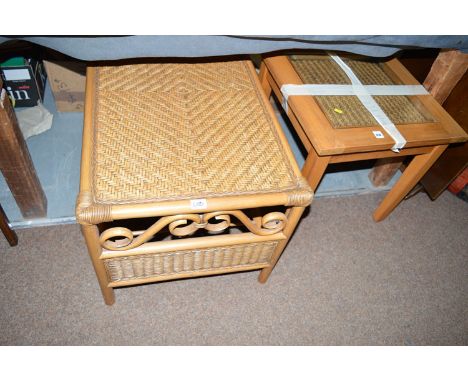 A three-fold wicker screen; together with a coffee table; and a lamp table.